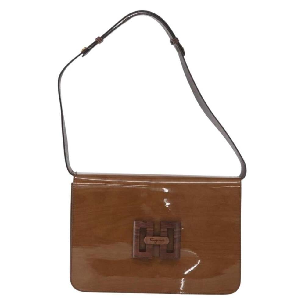 Salvatore Ferragamo Patent Leather Gancini Shoulder Bag Beige